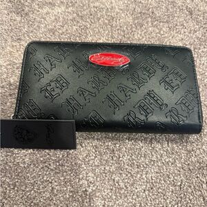 Ed Hardy Black Embossed Leather Zip-Around Wallet with Red Logo Plaque